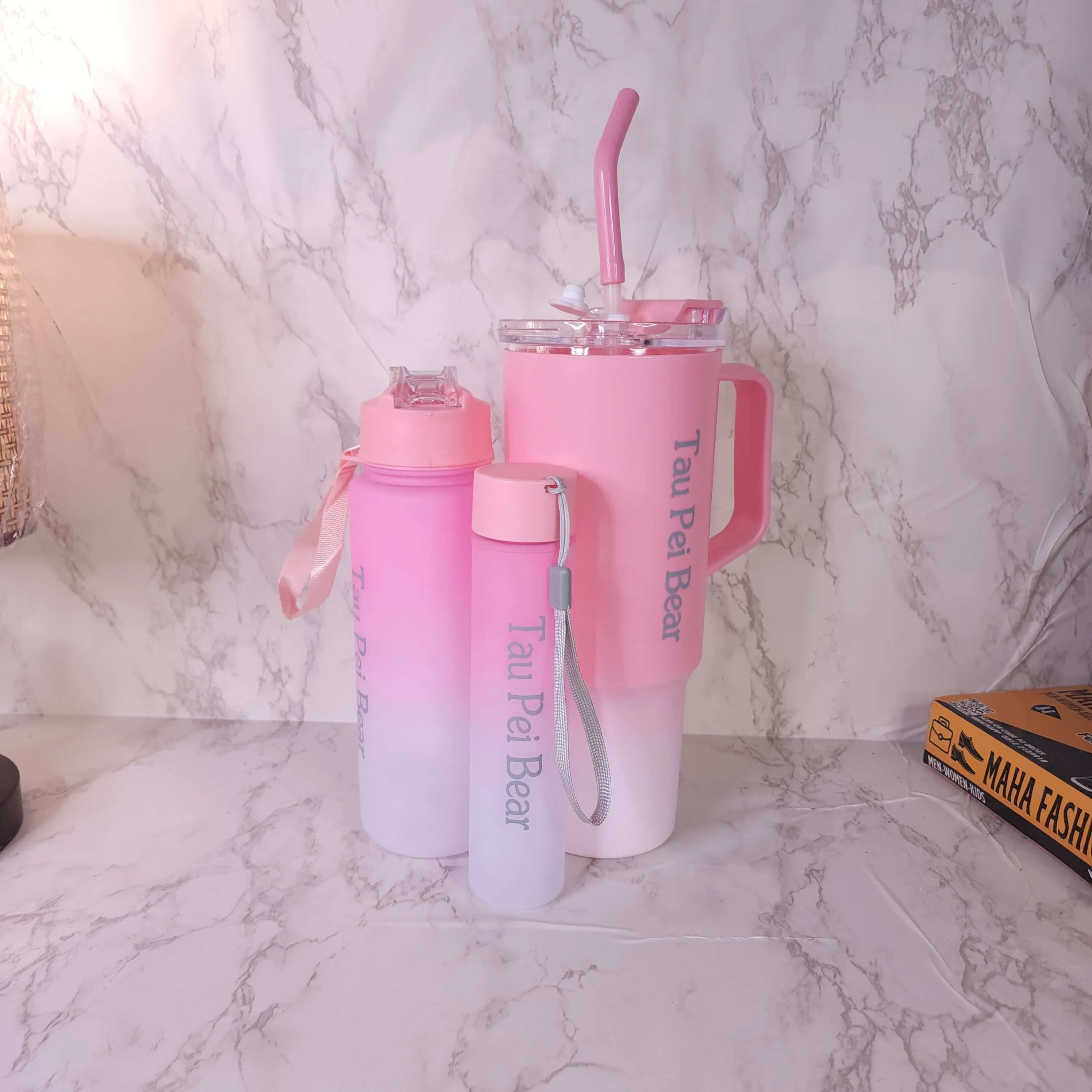 Pink Tau Pei Bear Portable Sports Water Bottle 3Pcs Set