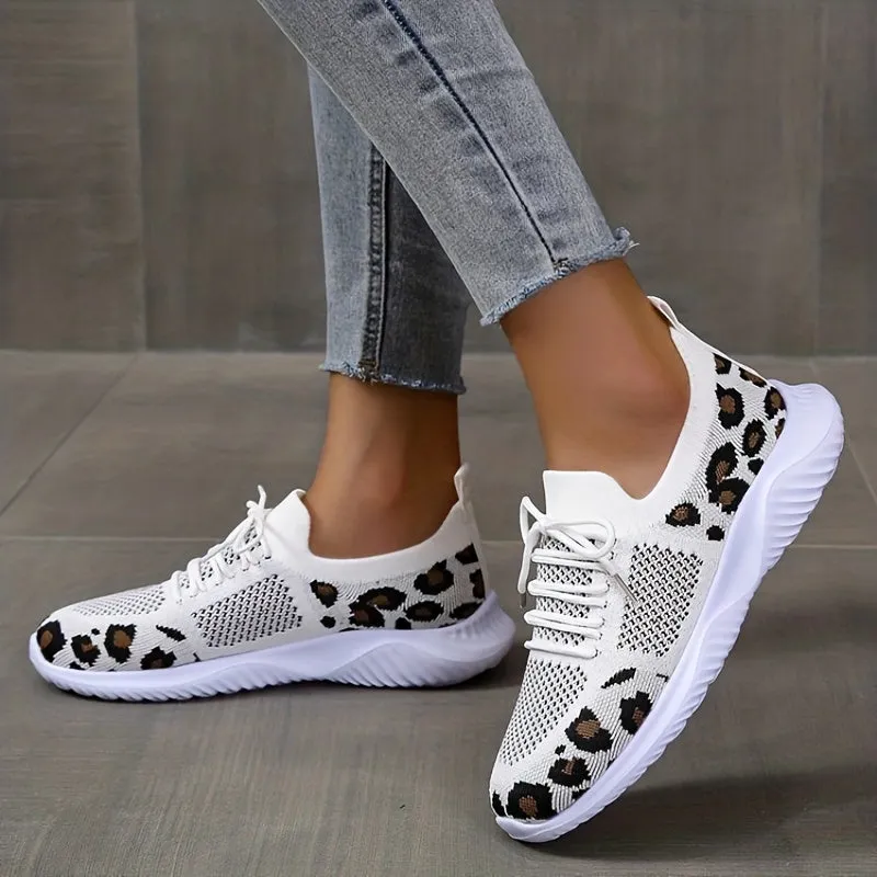 Women's Knitted Sports Shoes, Leopard Printed Low Top Running Shoes, Casual Walking Sneakers