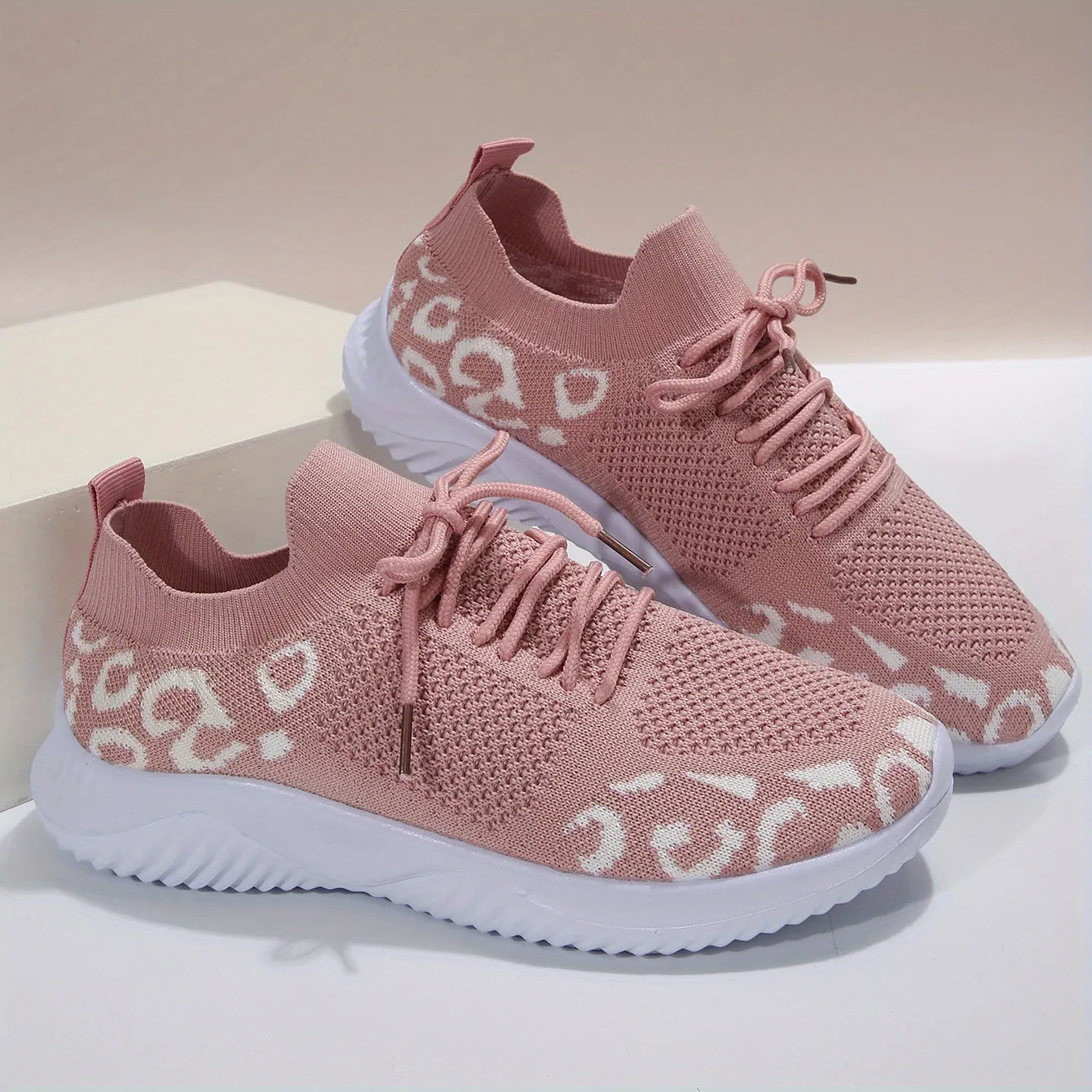 Women's Knitted Sports Shoes, Leopard Printed Low Top Running Shoes, Casual Walking Sneakers